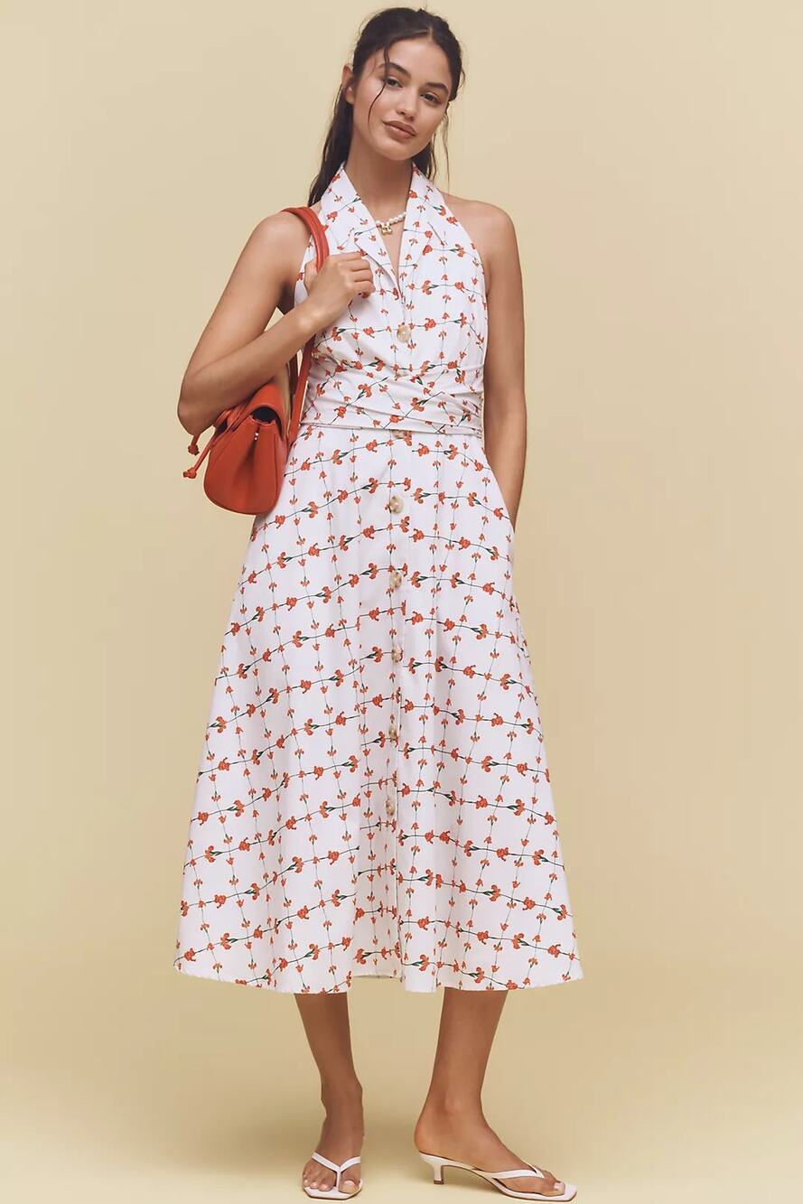 NWT Anthropologie Hutch Alessia Sleeveless Halter Midi Dress $228 LP White/Red